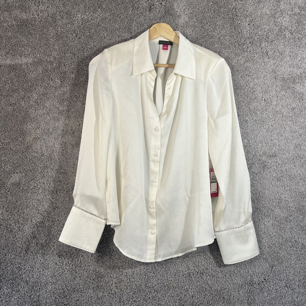 Vince Camuto Womens Large Ivory Blouse Dress Shirt Rhinestone Cuff Collared Top
